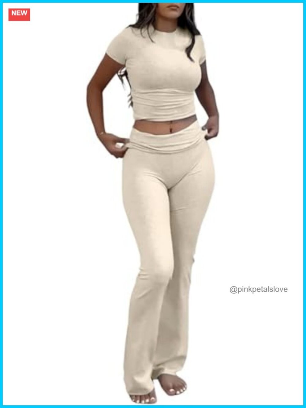 Two Piece Workout Set Short Sleeve Crop Top Foldover Flare Pants Tracksuit